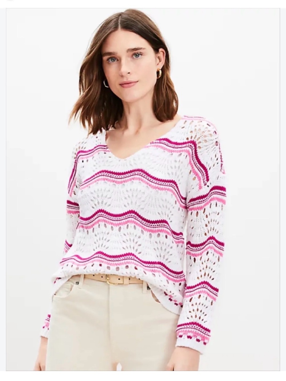LOFT Women's Cream Open-Knit Sweater with Pink Stripe Detail